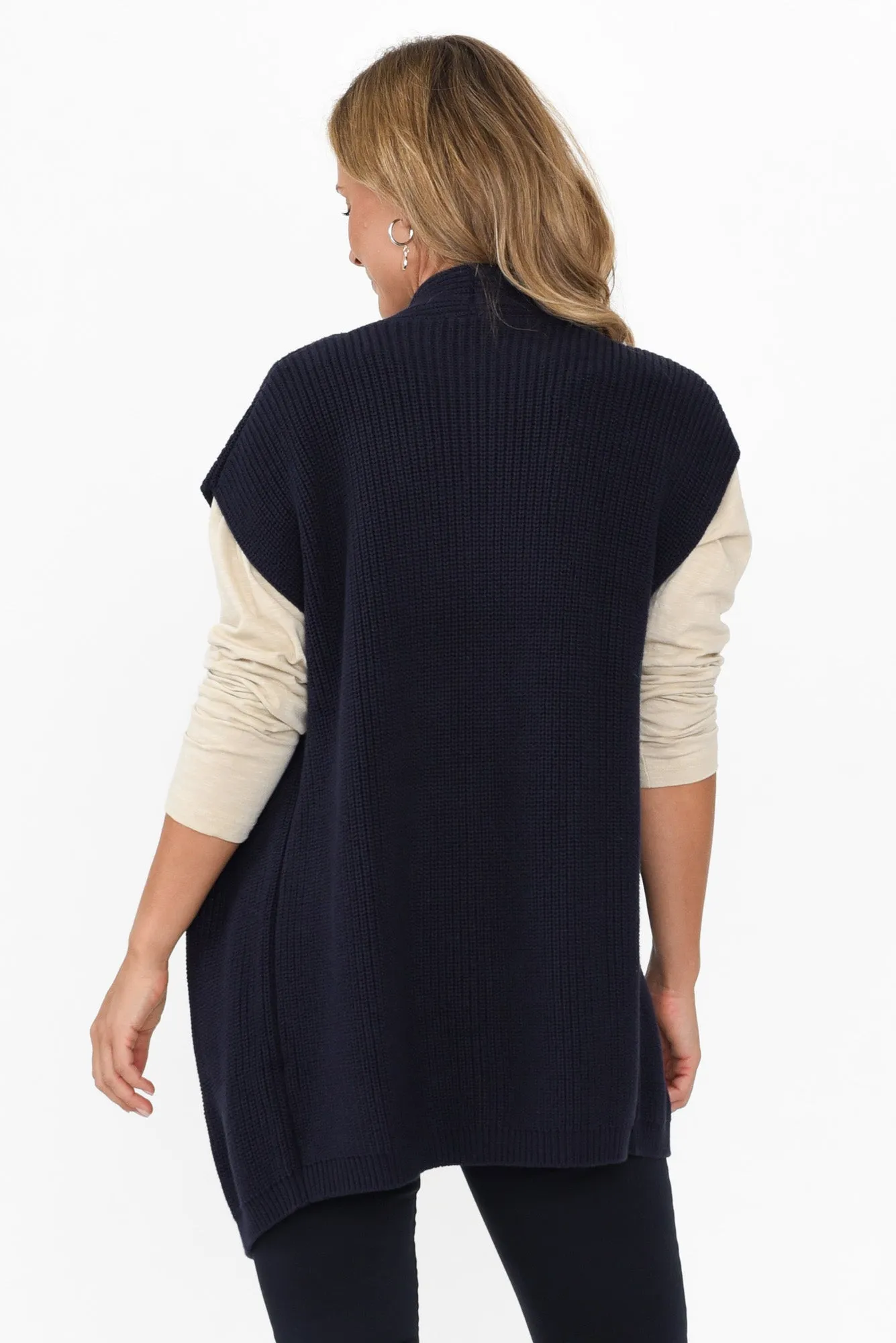 Allegra Navy Cotton Knit Sleeveless Cardigan