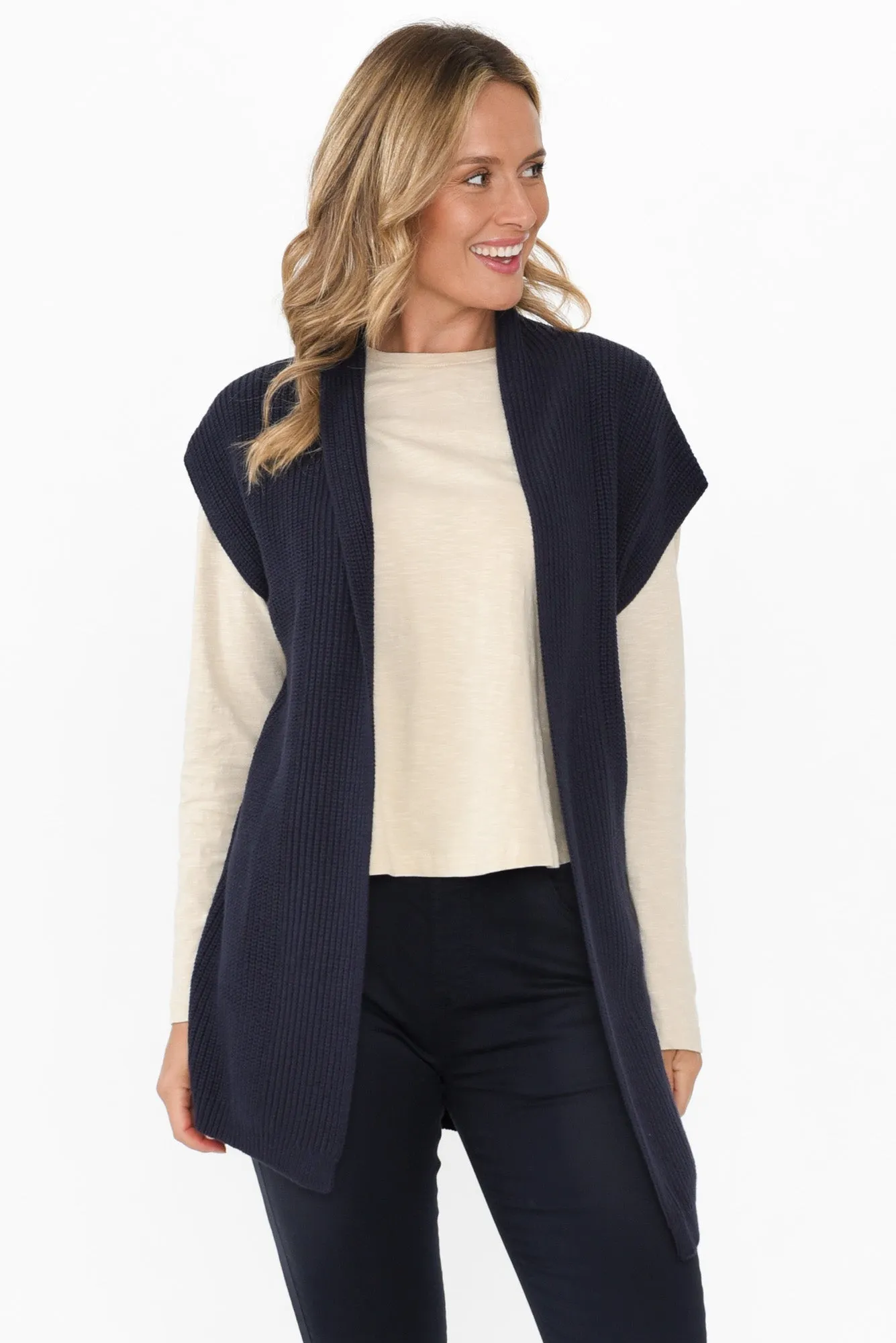 Allegra Navy Cotton Knit Sleeveless Cardigan