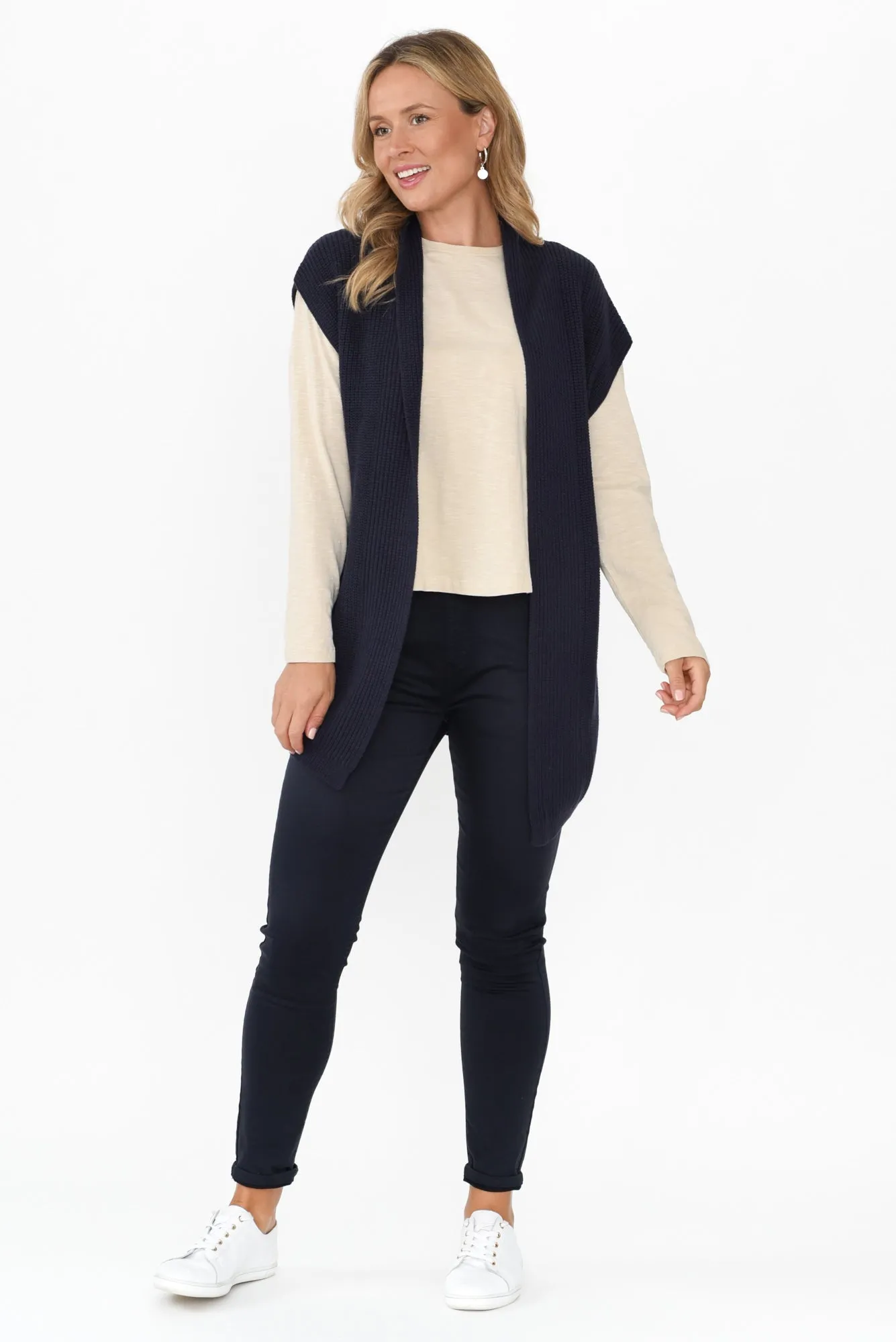 Allegra Navy Cotton Knit Sleeveless Cardigan