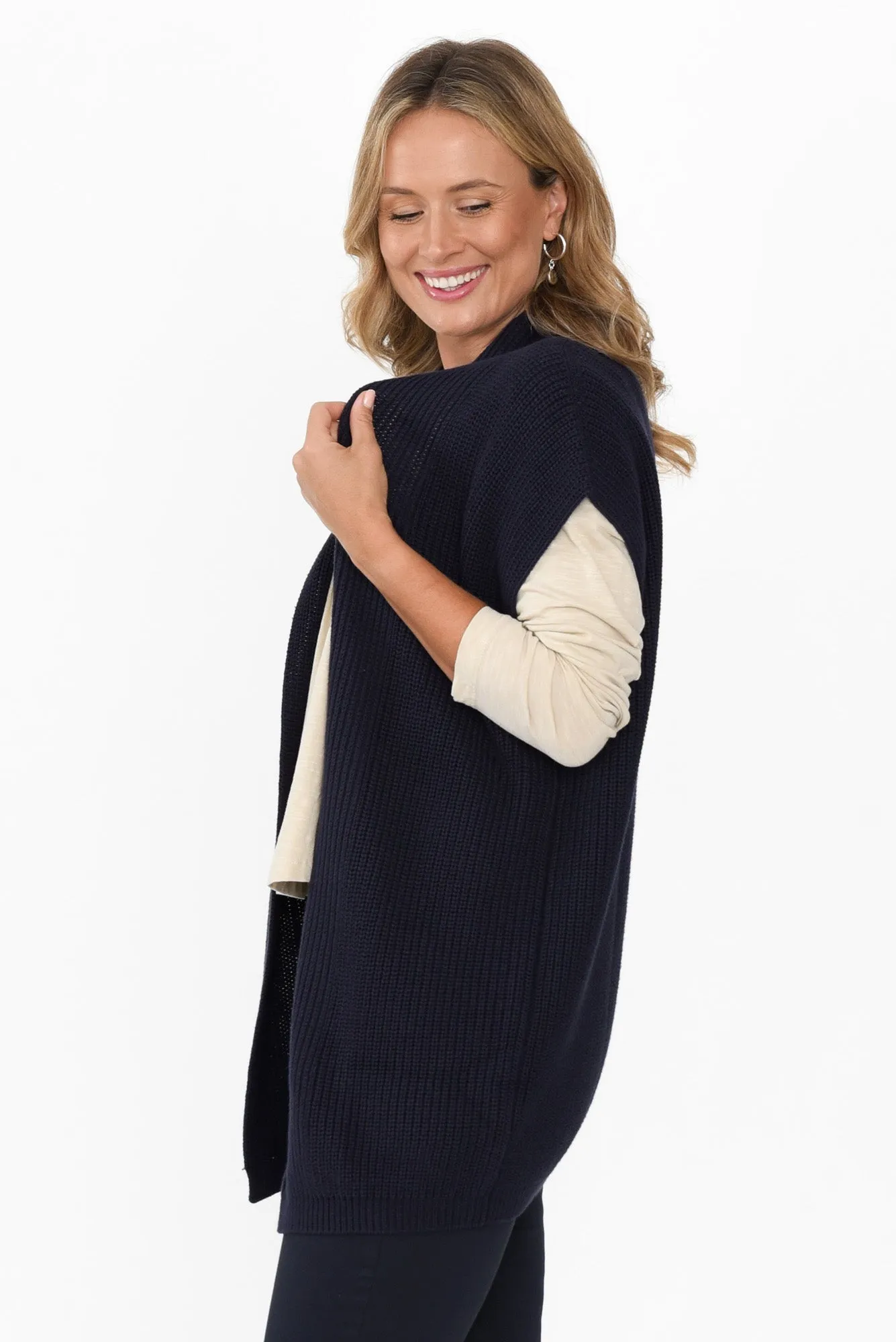 Allegra Navy Cotton Knit Sleeveless Cardigan