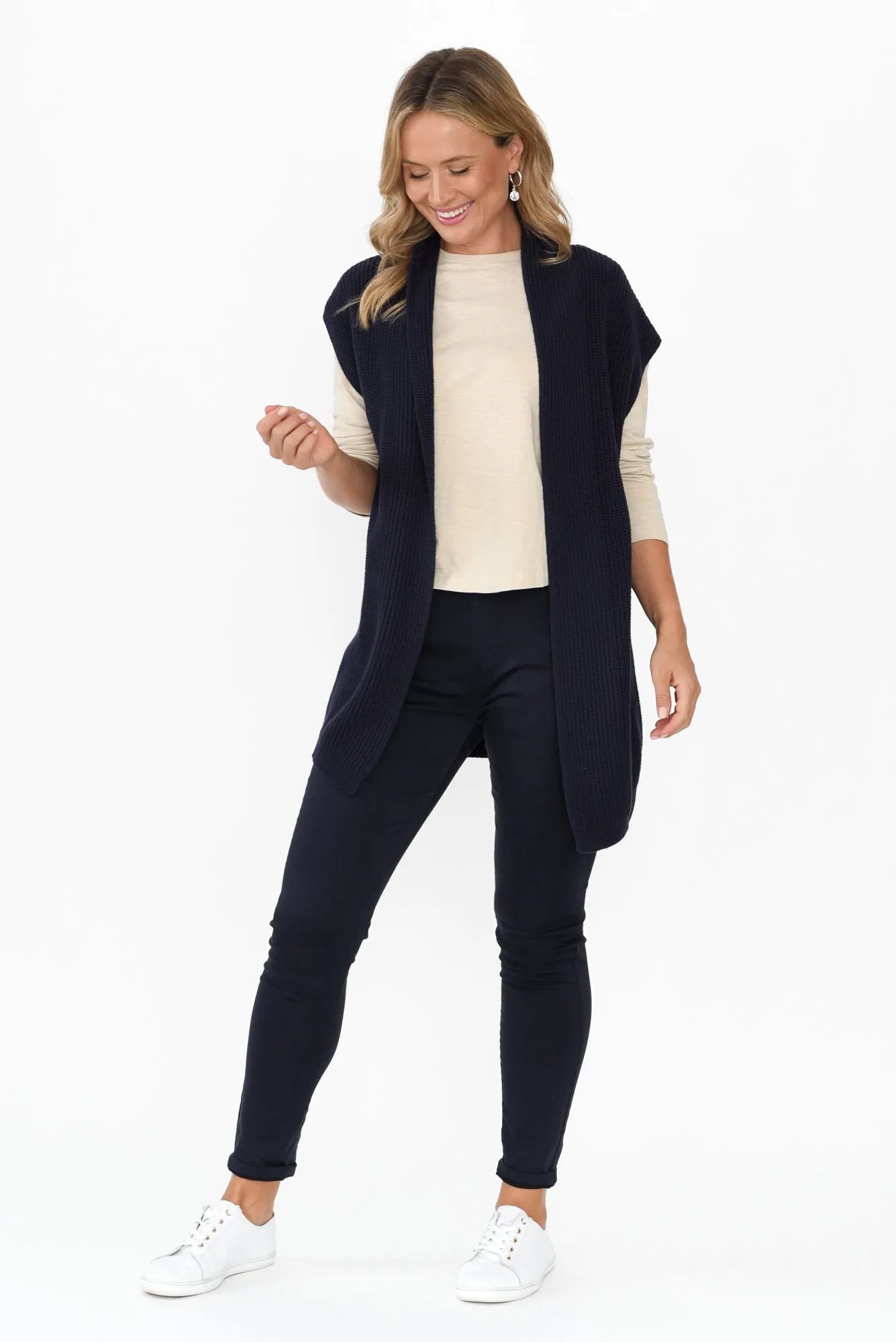 Allegra Navy Cotton Knit Sleeveless Cardigan