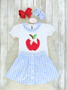 Apple Ruffle Top & Blue Check Skirt Outfit