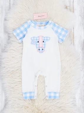 Baby Blue Gingham Cow Raglan Romper