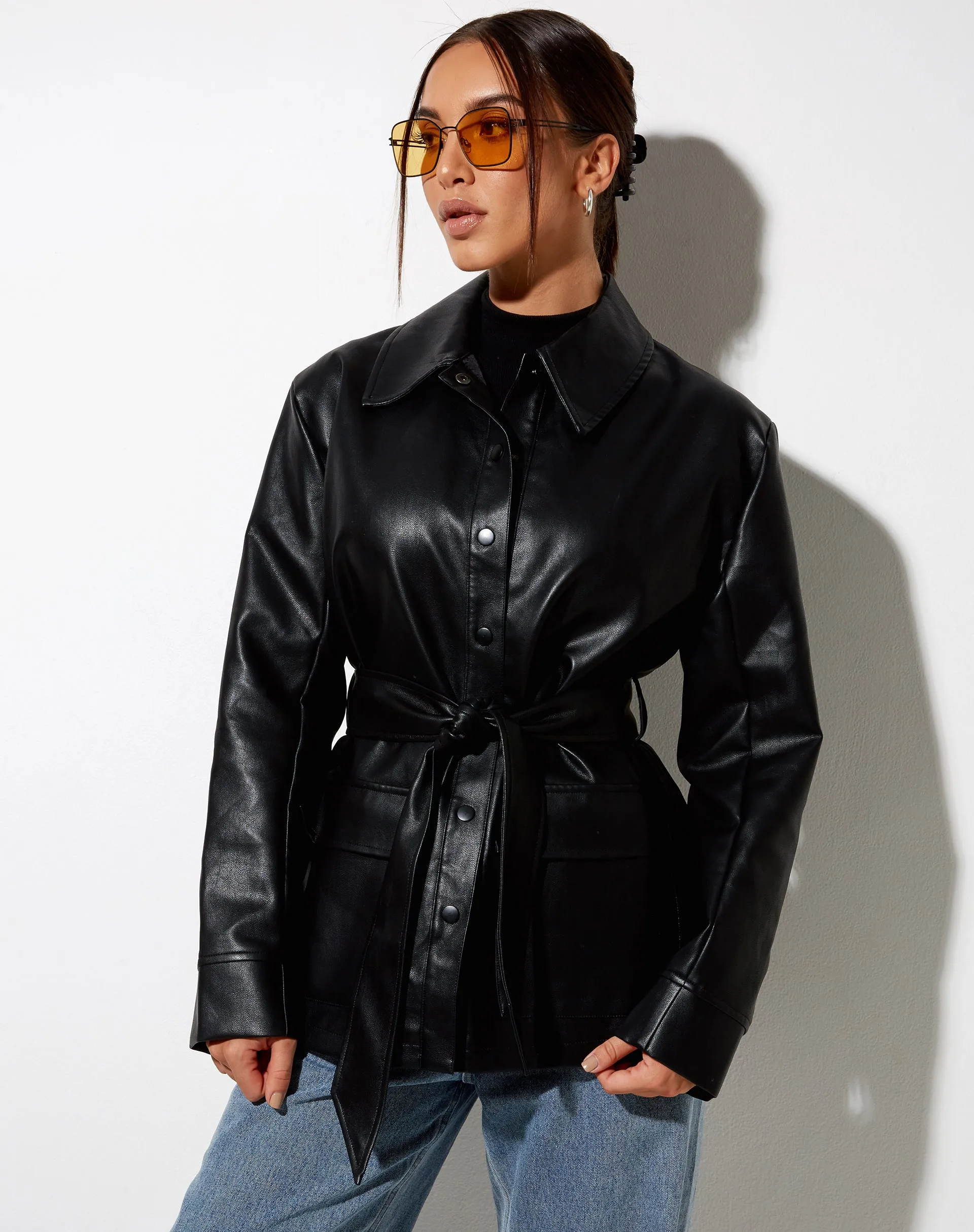 Belted Jacket in PU Black