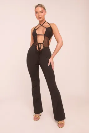 Black Cut Out Mesh Panel Halter Neck Jumpsuit - Edwina