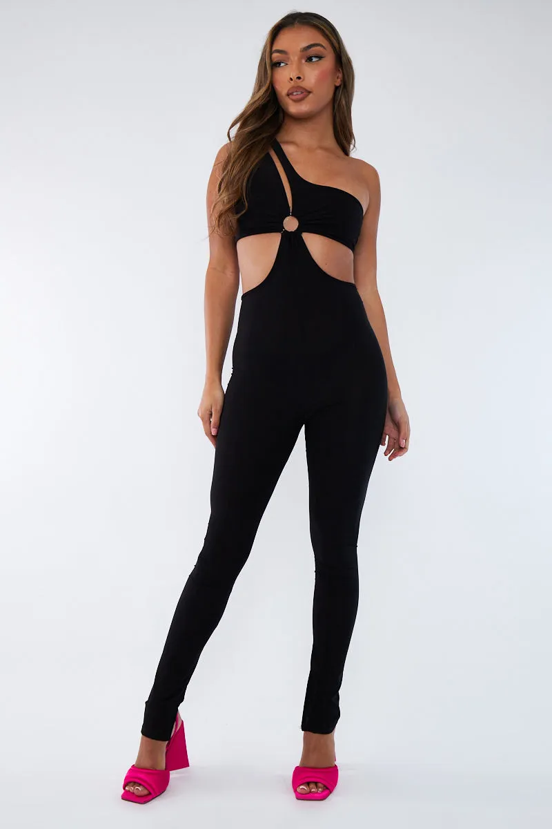 Black Ring Detail Asymmetric Slit Hem Jumpsuit - Daphne