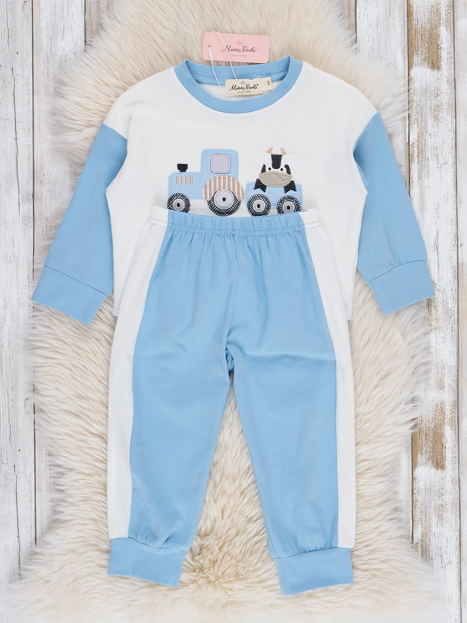 Blue & White Embroidered Cow Train Outfit