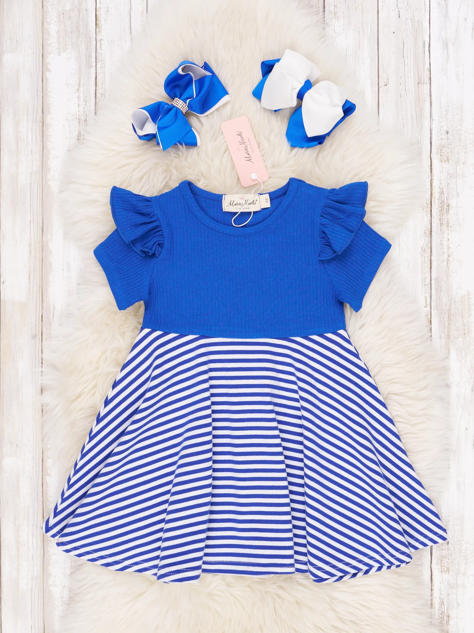 Blue & White Striped Ruffle Dress