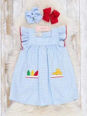 Blue Gingham Embroidered Crayons Ruffle Dress