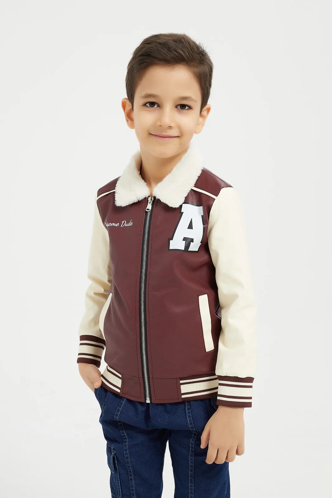 Boys Burgundy Pu Varsity Jacket