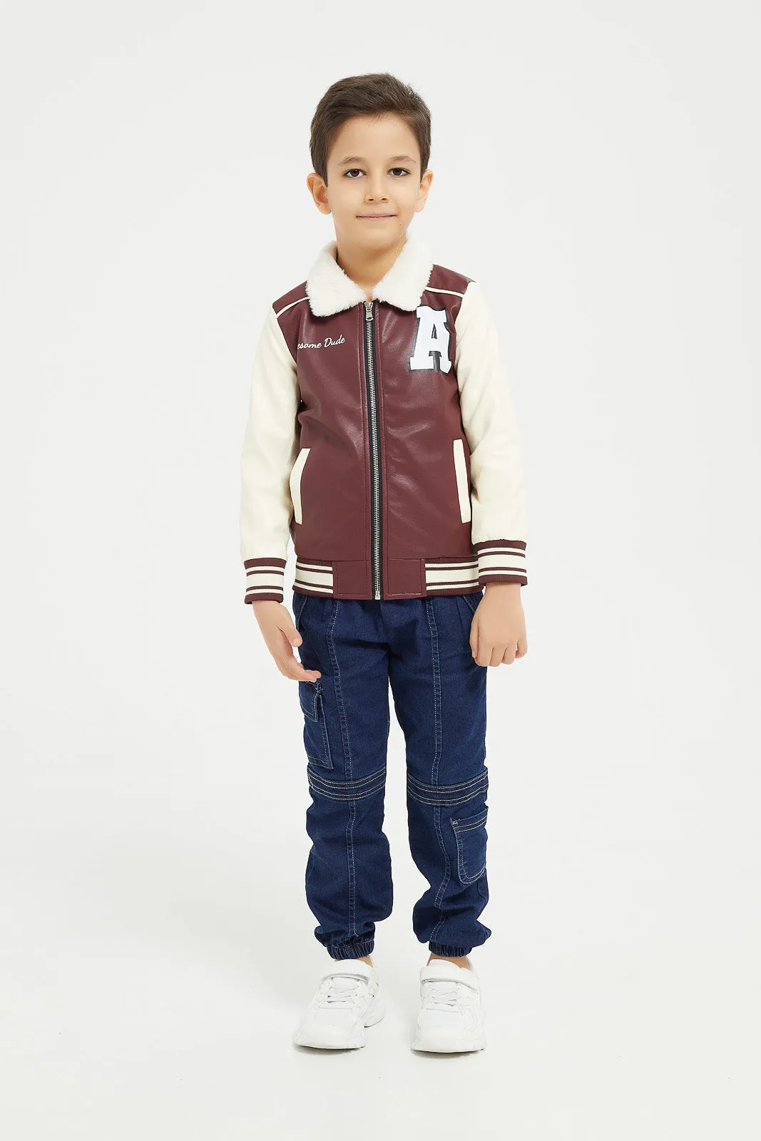 Boys Burgundy Pu Varsity Jacket