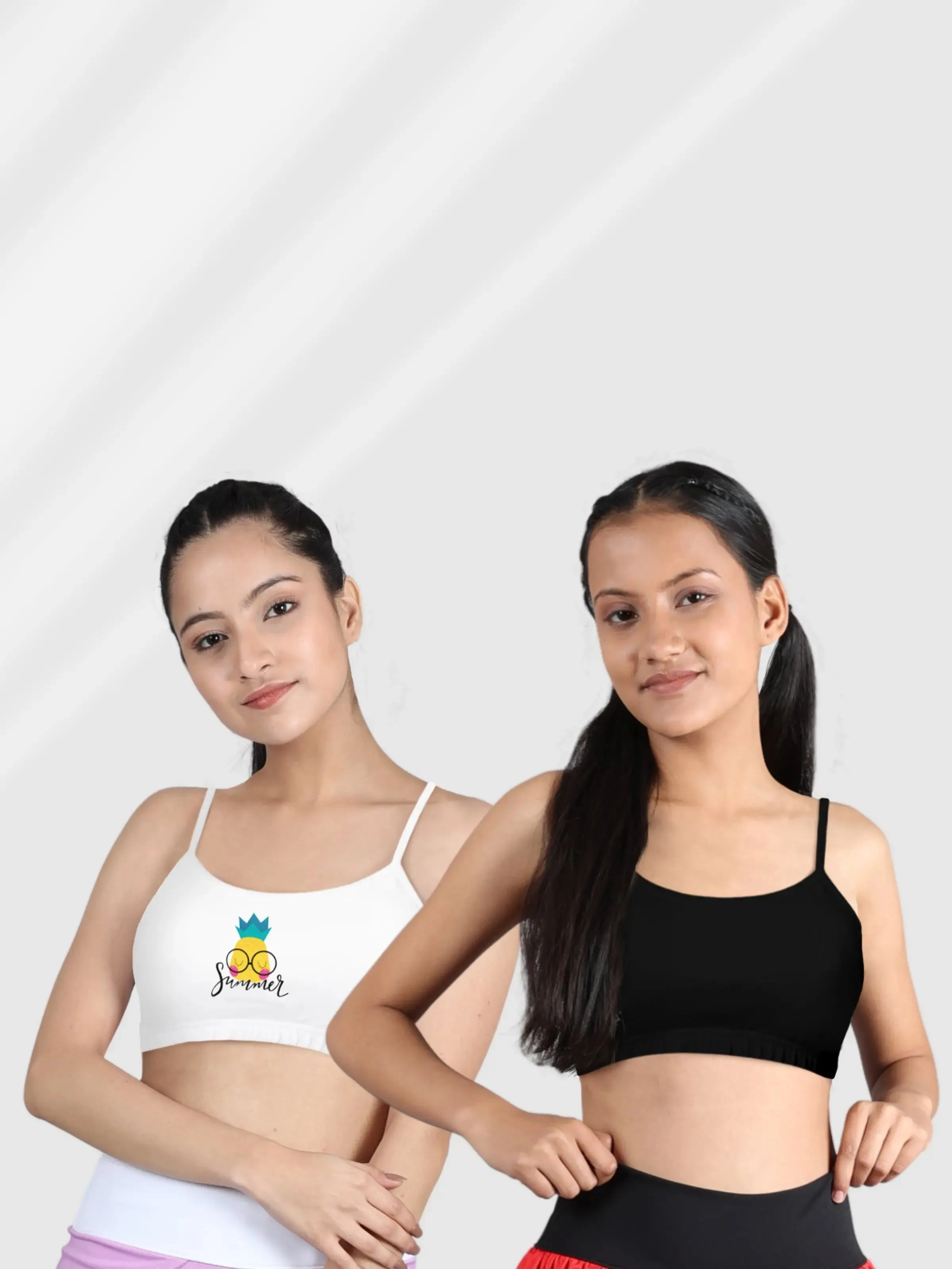 Double-Layer Thin Strap Cotton Sports Bra | Non-Padded Beginner Bra | Printed White & Solid Black Bra