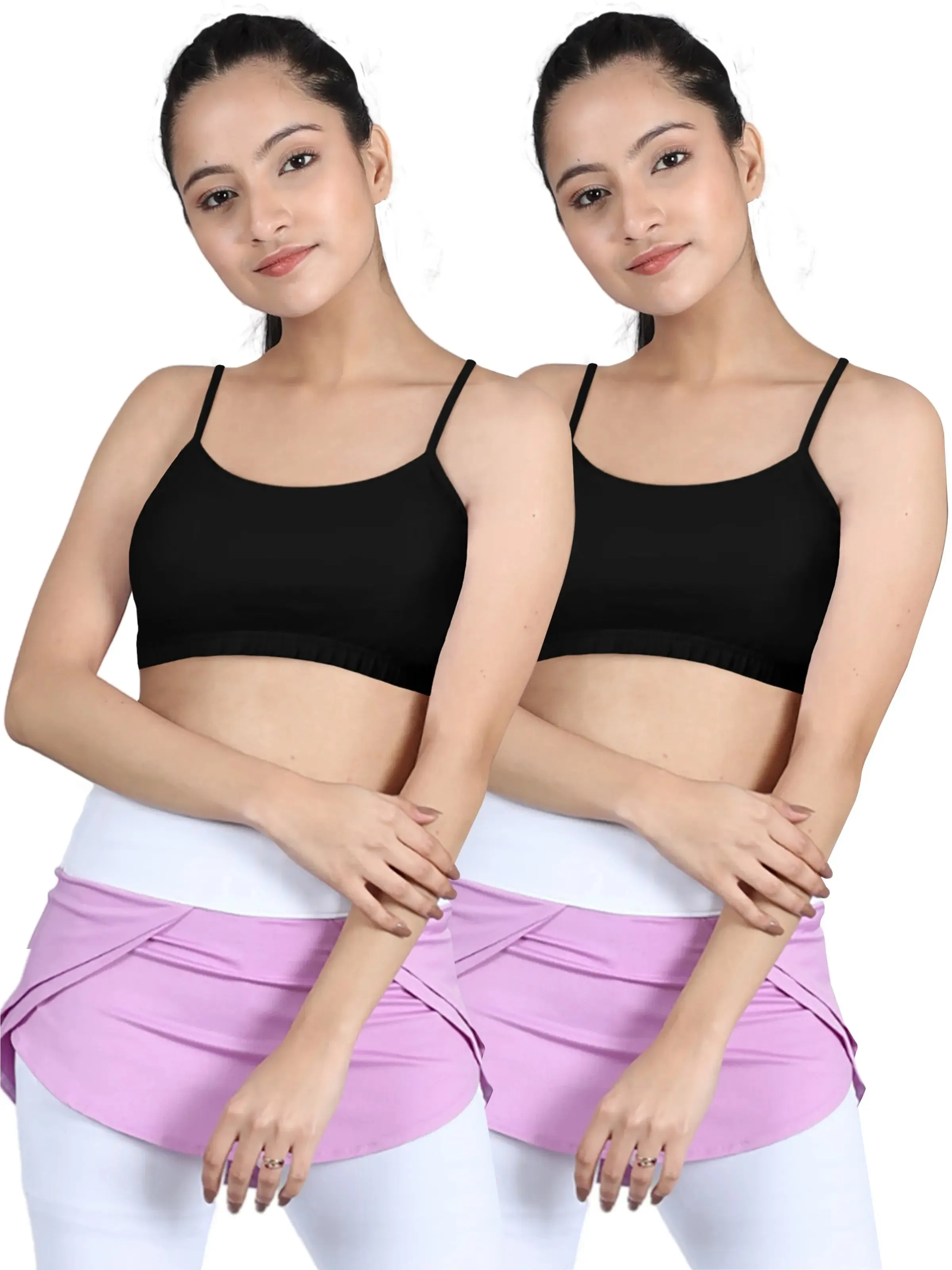 Double-Layer Thin Strap Cotton Sports Bra | Non-Padded Beginner Bra | Solid Black