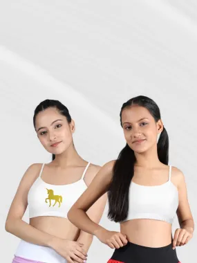 Double-Layer Thin Strap Cotton Sports Bra | Non-Padded Beginner Bra | White Printed & Solid Bra