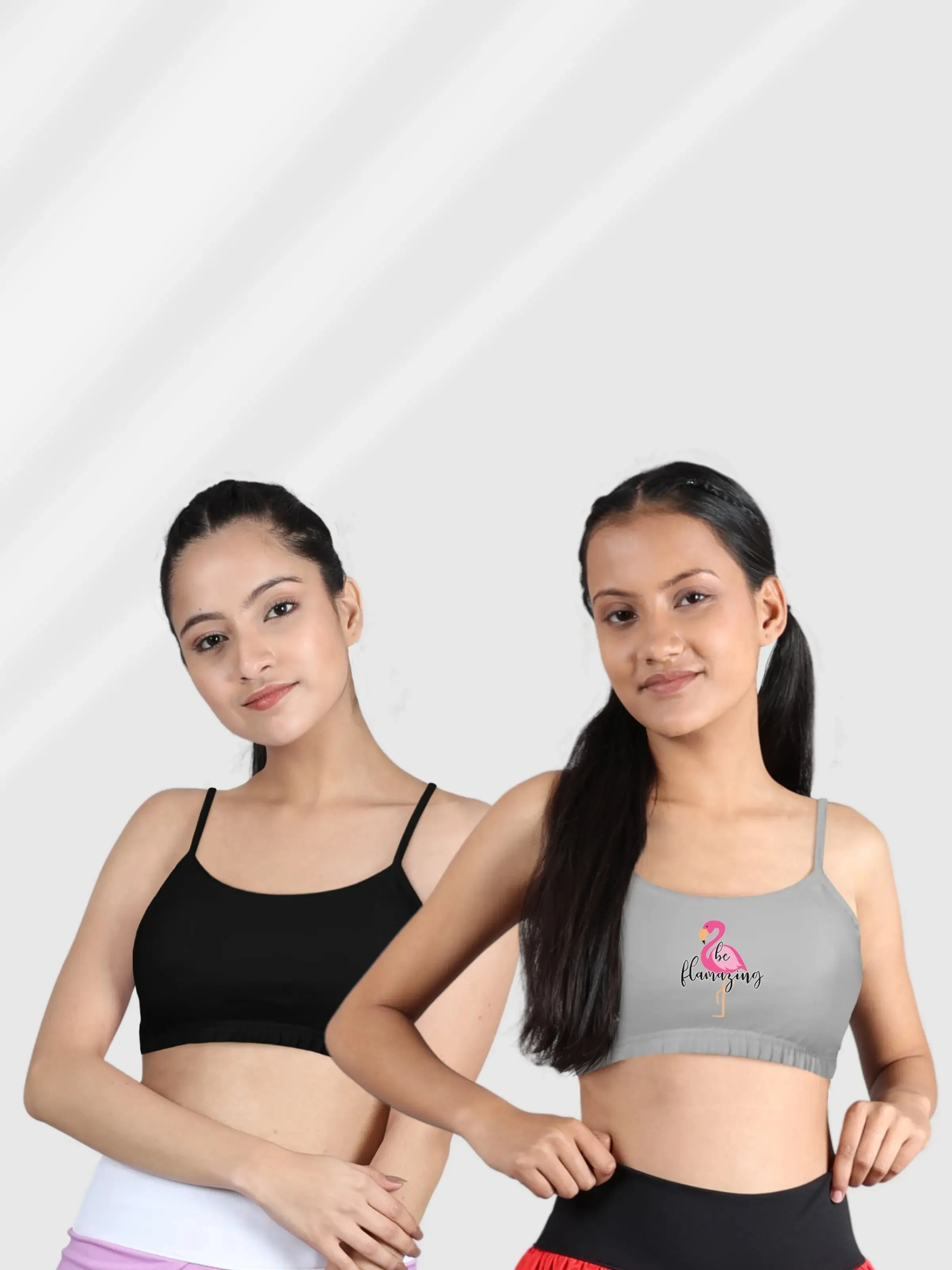 Double-Layer Thin Strap Cotton Sports Bras | Non-Padded Beginner Bra | Grey Printed & Solid Black