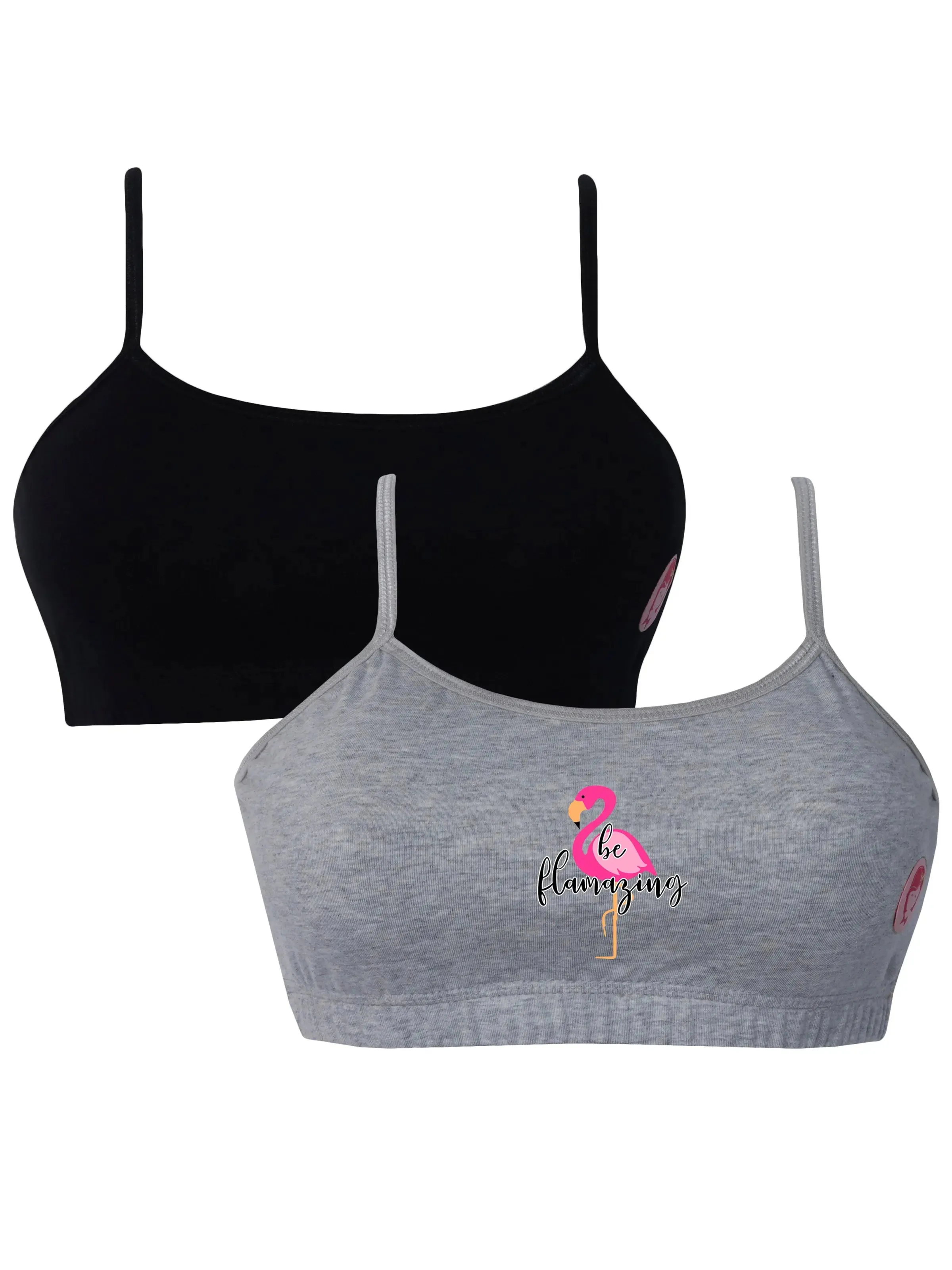 Double-Layer Thin Strap Cotton Sports Bras | Non-Padded Beginner Bra | Grey Printed & Solid Black