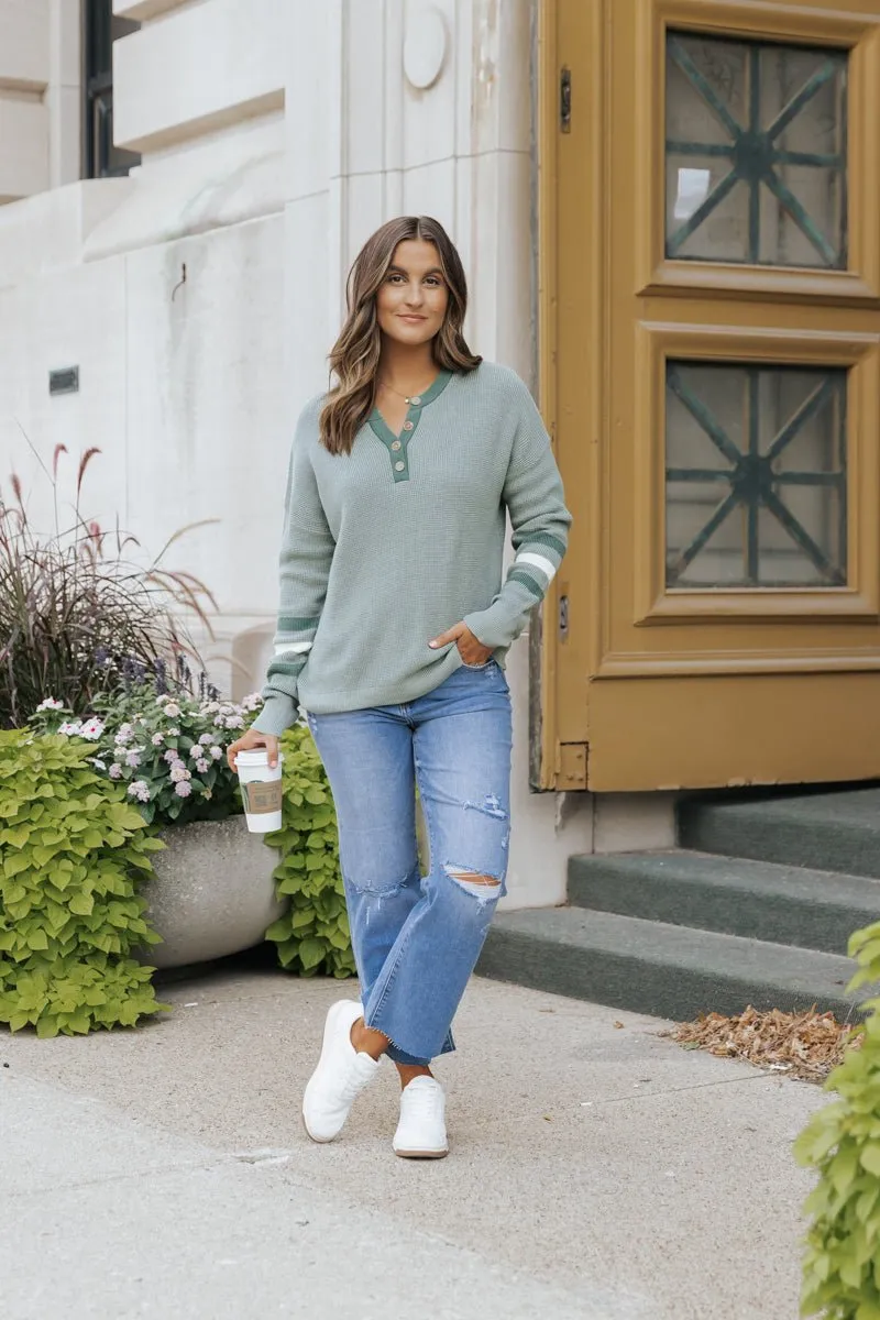 Earthy Green Striped Henley Sweater