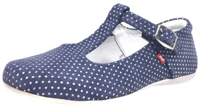 Emel Girl's Polka Dot Denim Blue Leather T-Strap Mary Jane Shoe