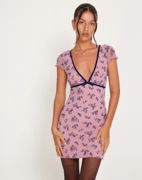 Evilia Mesh Mini Dress in Pink and Navy Botanist Flocking