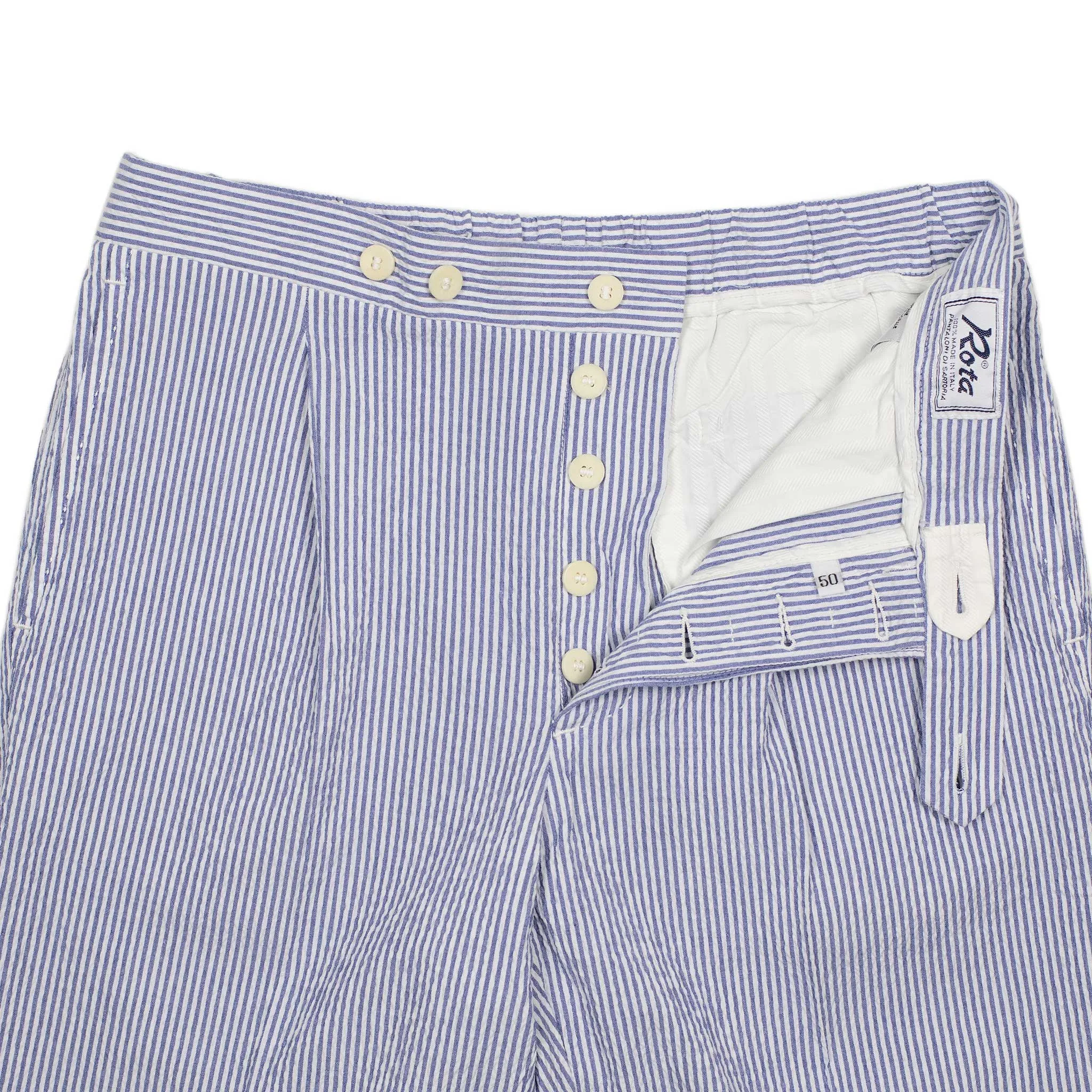 Exclusive single-pleated easy pants in blue cotton seersucker