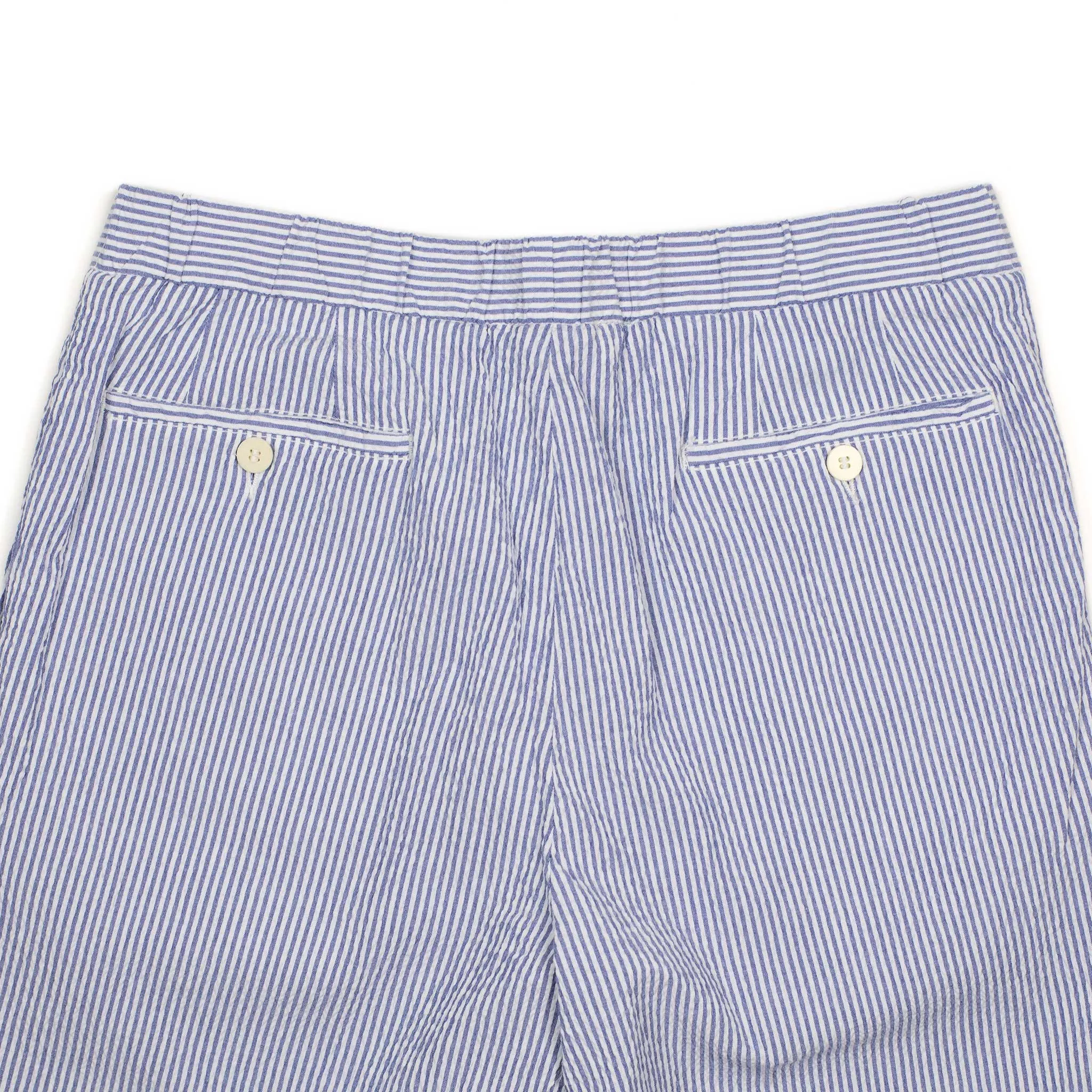 Exclusive single-pleated easy pants in blue cotton seersucker