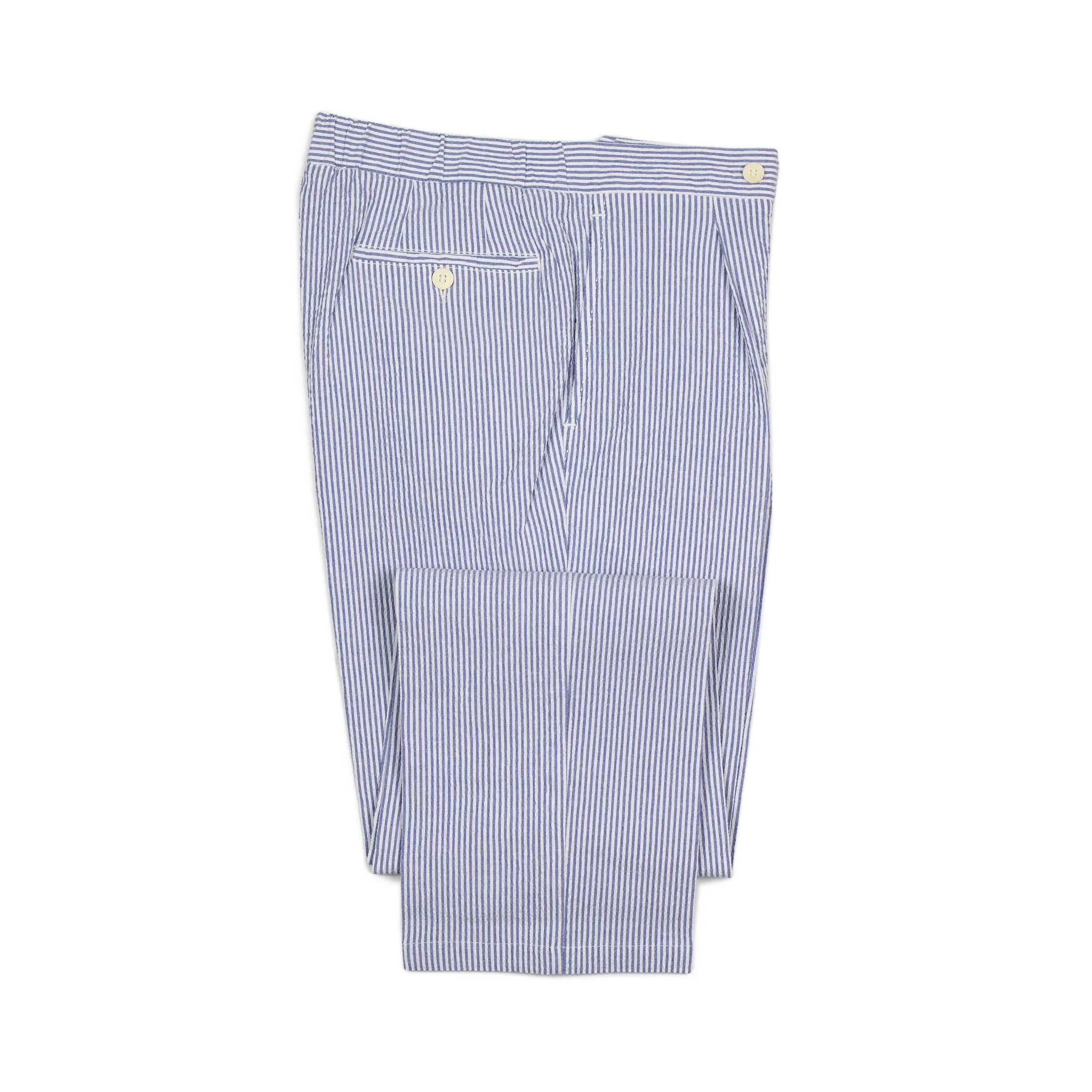 Exclusive single-pleated easy pants in blue cotton seersucker