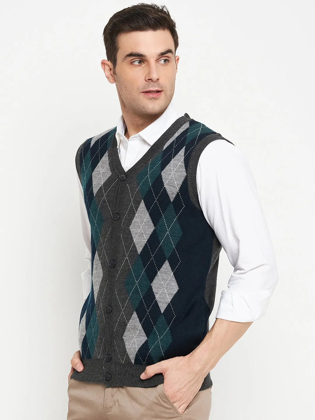 Geometric Print Navy Blue Sleeveless V Neck Regular Fit Casual Sweater for Men