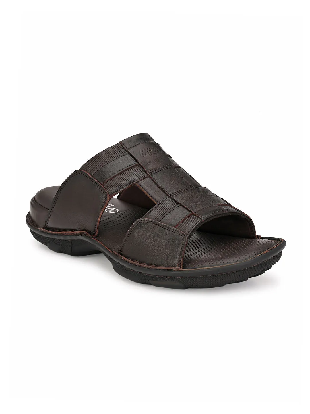 Hitz Men's Brown Leather Open Toe Comfort Slippers