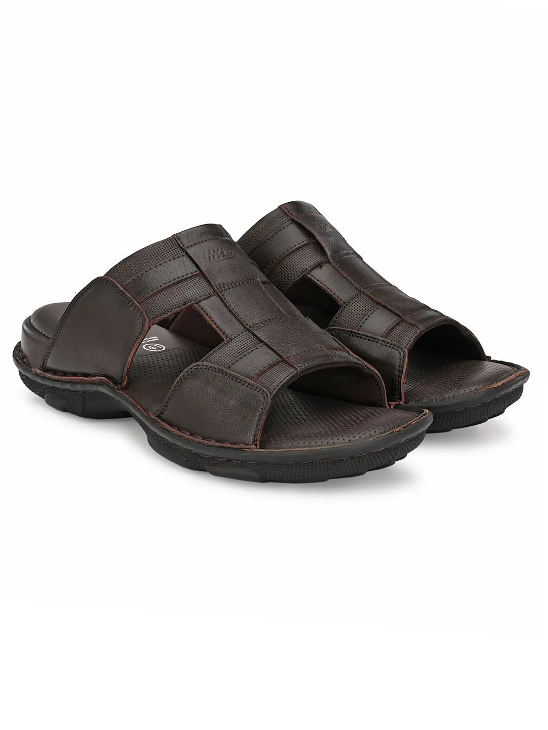 Hitz Men's Brown Leather Open Toe Comfort Slippers