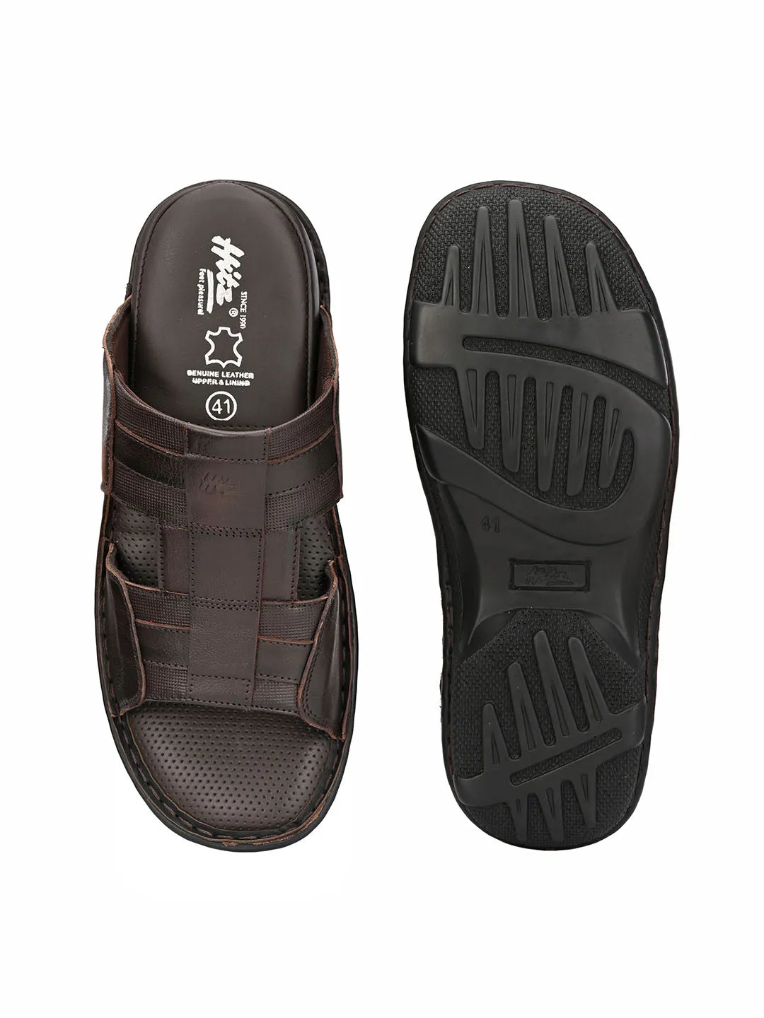 Hitz Men's Brown Leather Open Toe Comfort Slippers