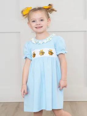 Ice Blue Bumble Bee Smocked Ruffle Dress