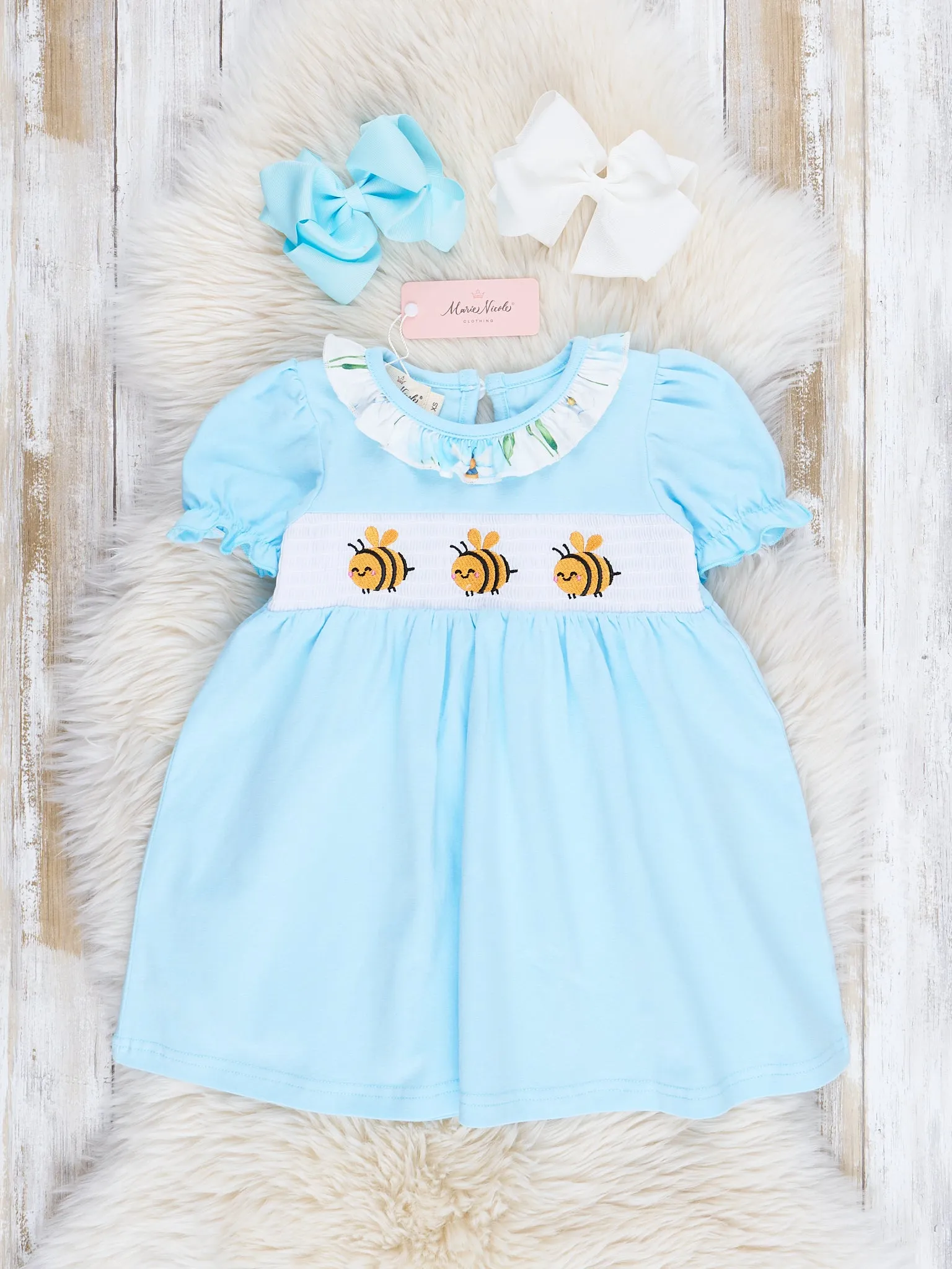 Ice Blue Bumble Bee Smocked Ruffle Dress