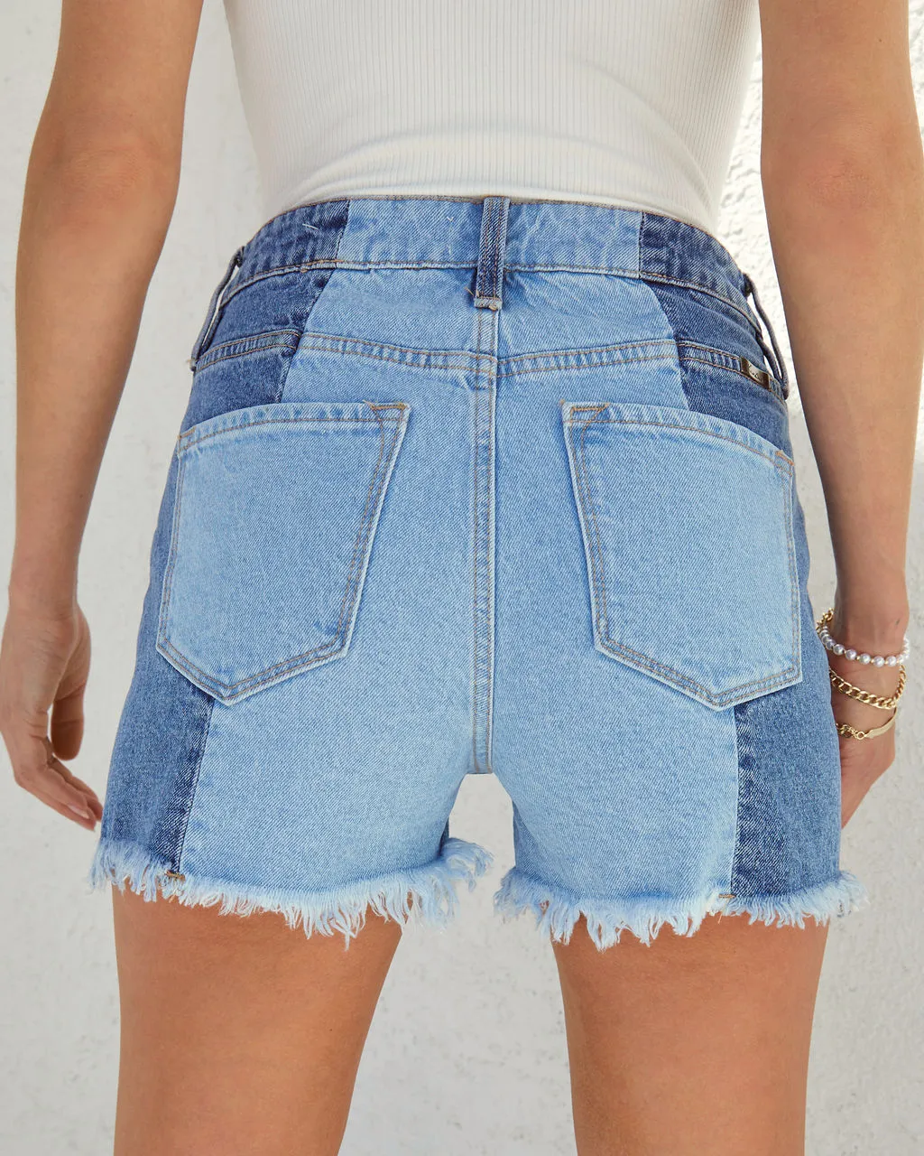 Jessica Two Tone High Waisted Frayed Hem Jean Shorts