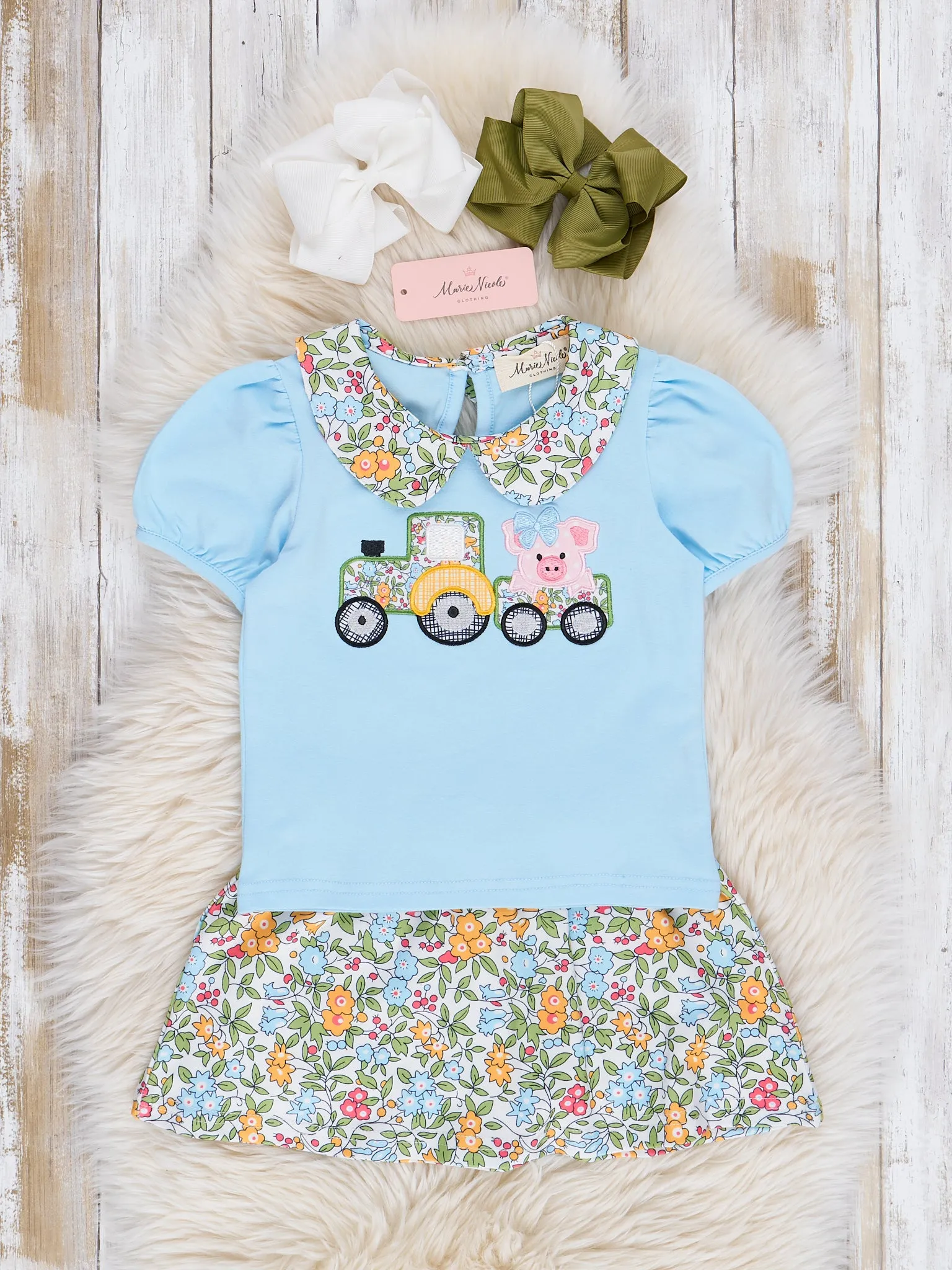 Light Blue Floral Embroidered Piggy Tractor Outfit w/ Skirt