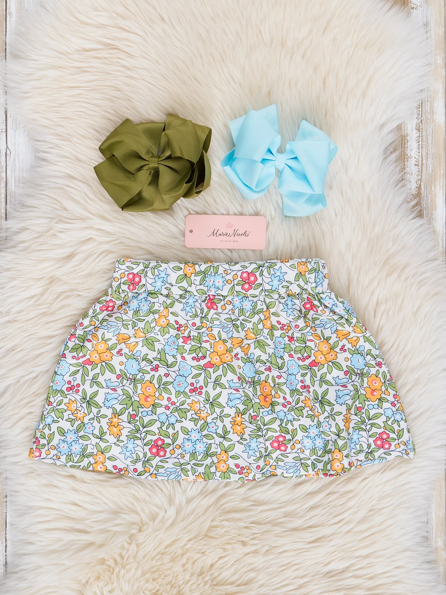 Light Blue Floral Embroidered Piggy Tractor Outfit w/ Skirt