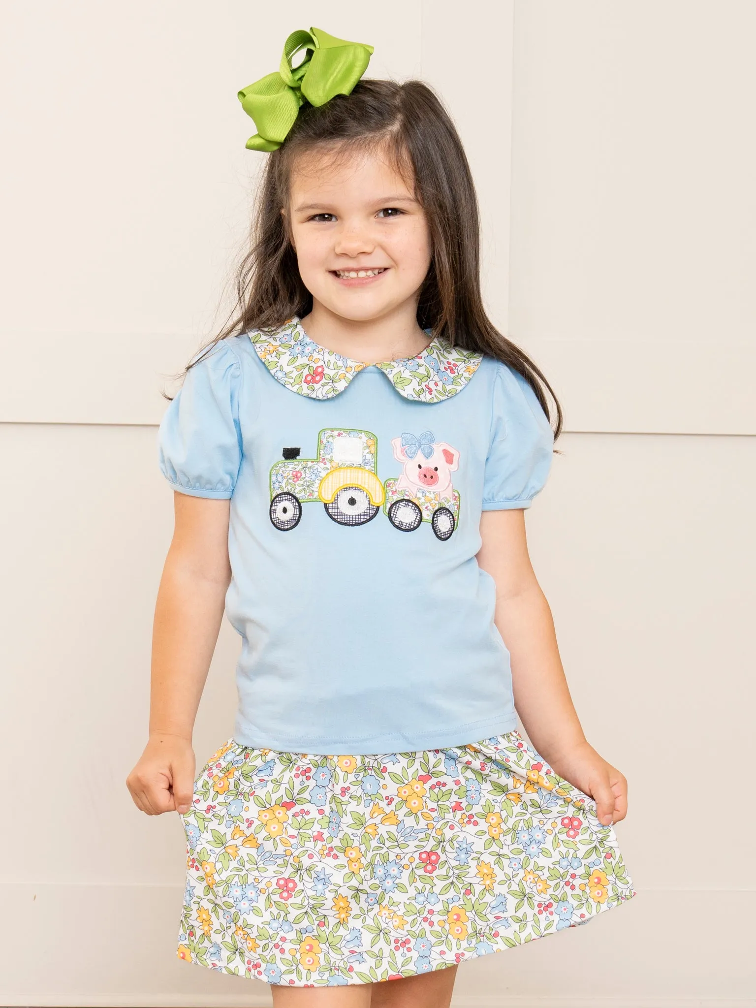 Light Blue Floral Embroidered Piggy Tractor Outfit w/ Skirt