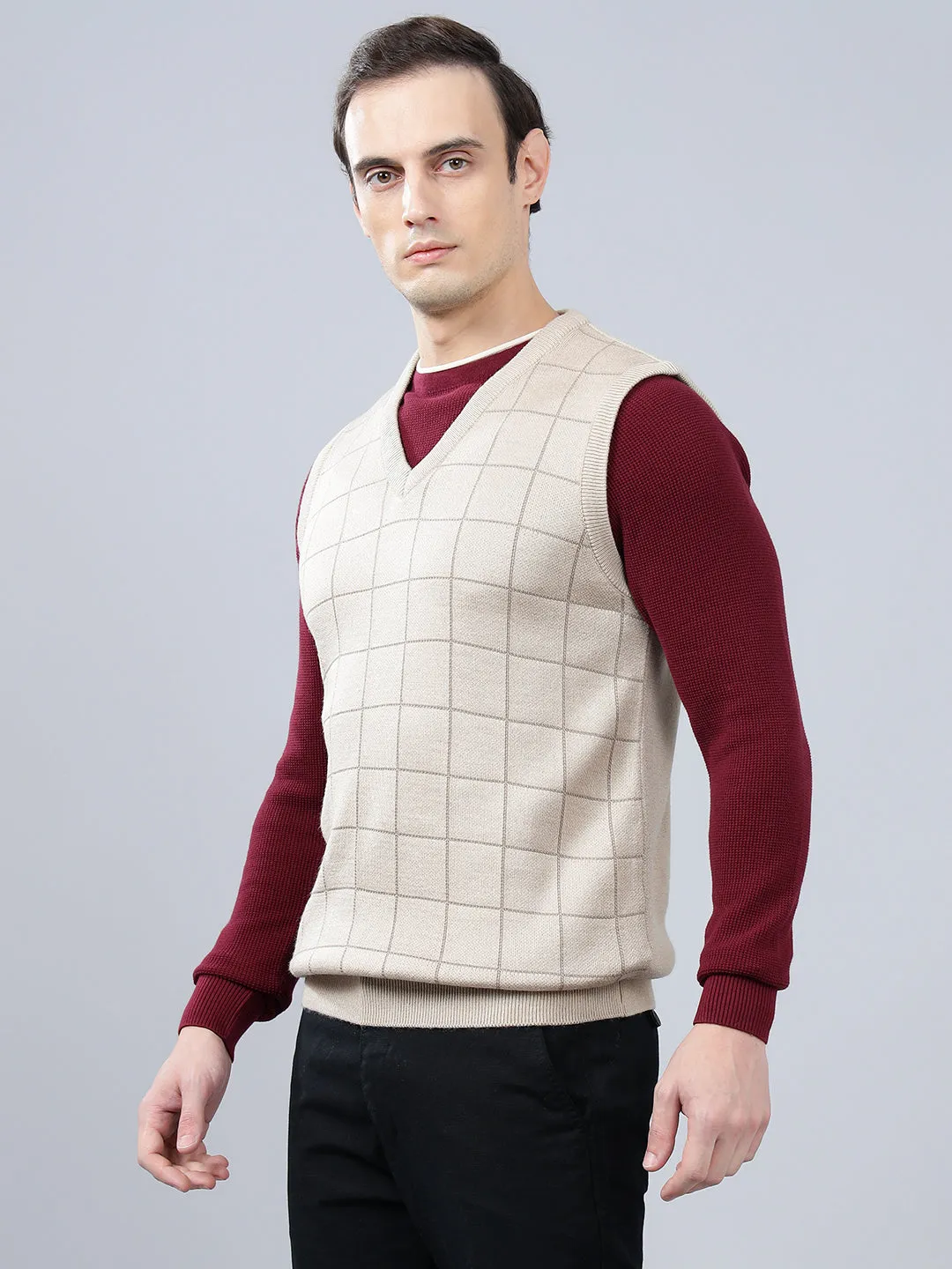 Men's Checked Beige Sleeveless Sweater