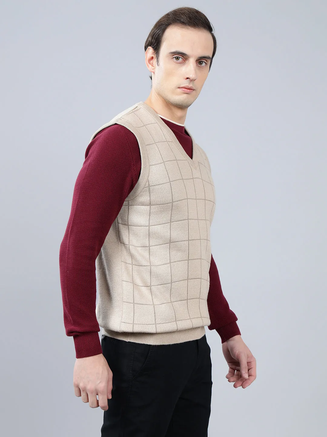 Men's Checked Beige Sleeveless Sweater