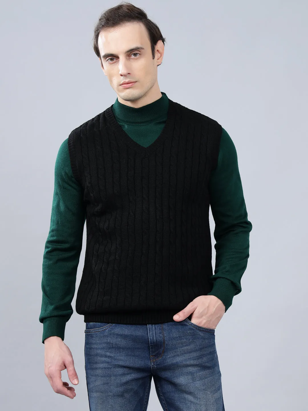 Men's Jacquard Black Sleeveless Sweater