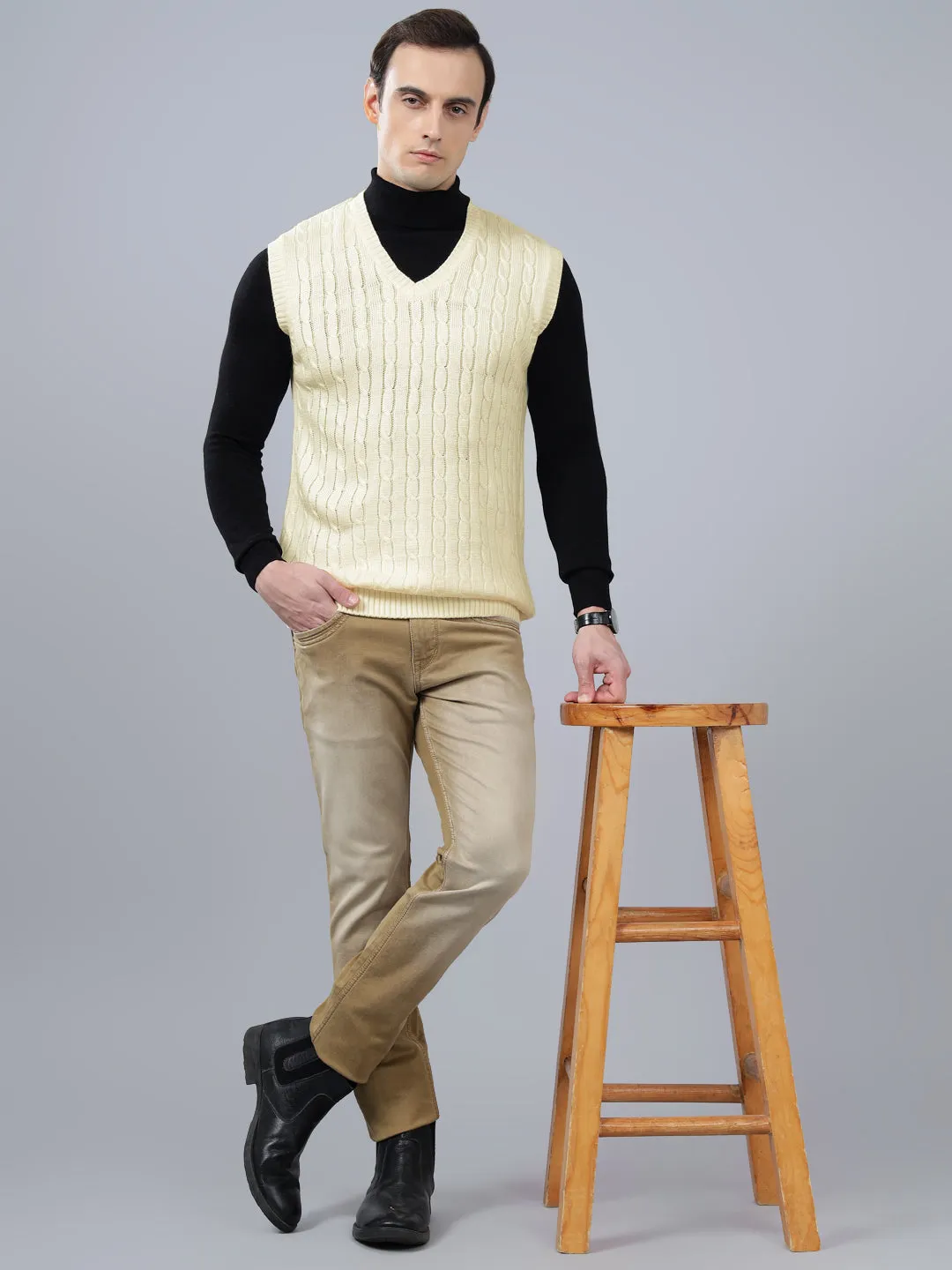 Men's Jacquard Off White Sleeveless Sweater