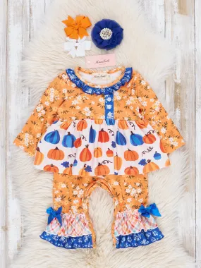 Orange Blooms & Blue Plaid Pumpkin Ruffle Romper