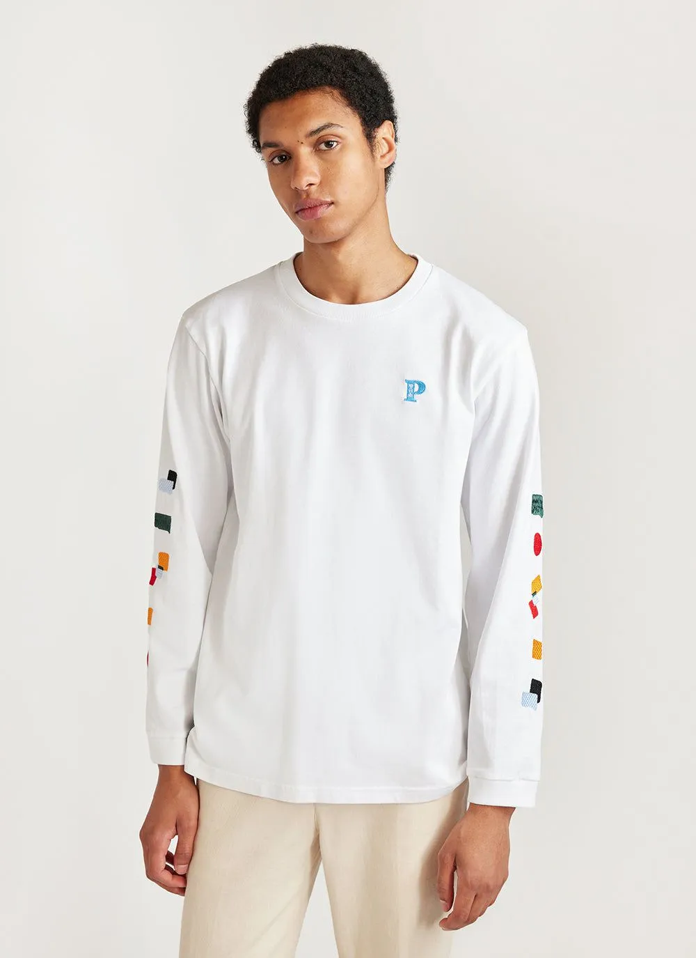 Patch Long Sleeve T Shirt | Embroidered Organic Cotton | White