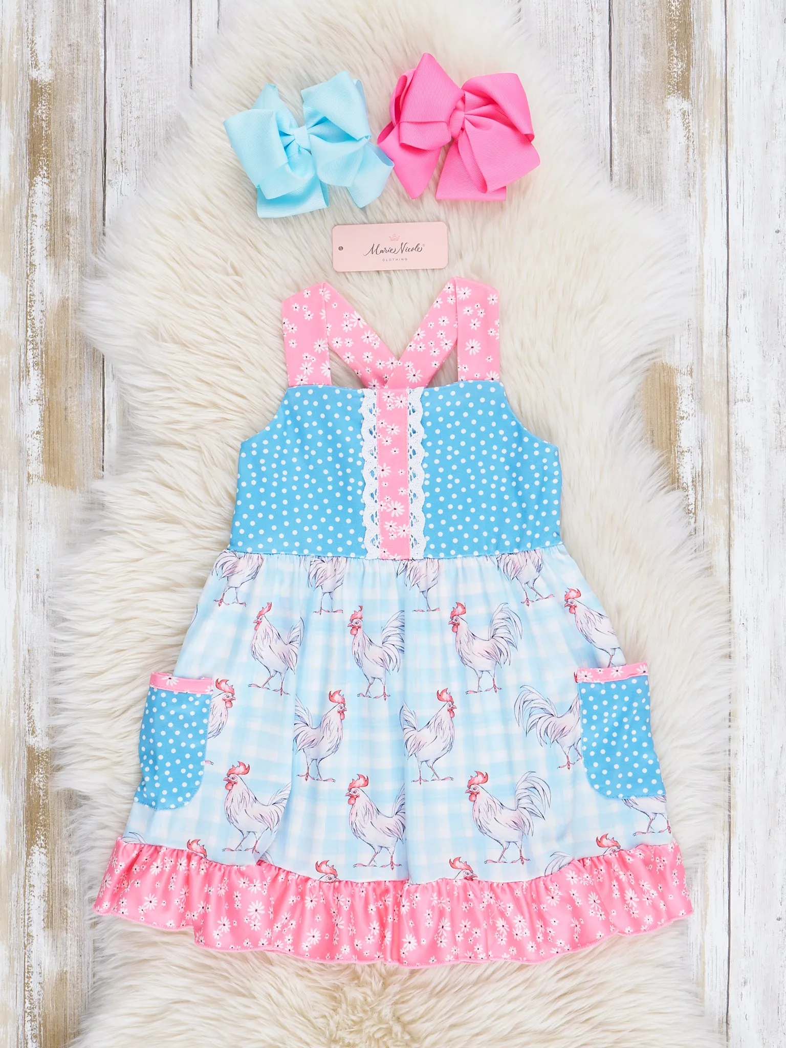 Pink & Blue Rooster Ruffle Dress