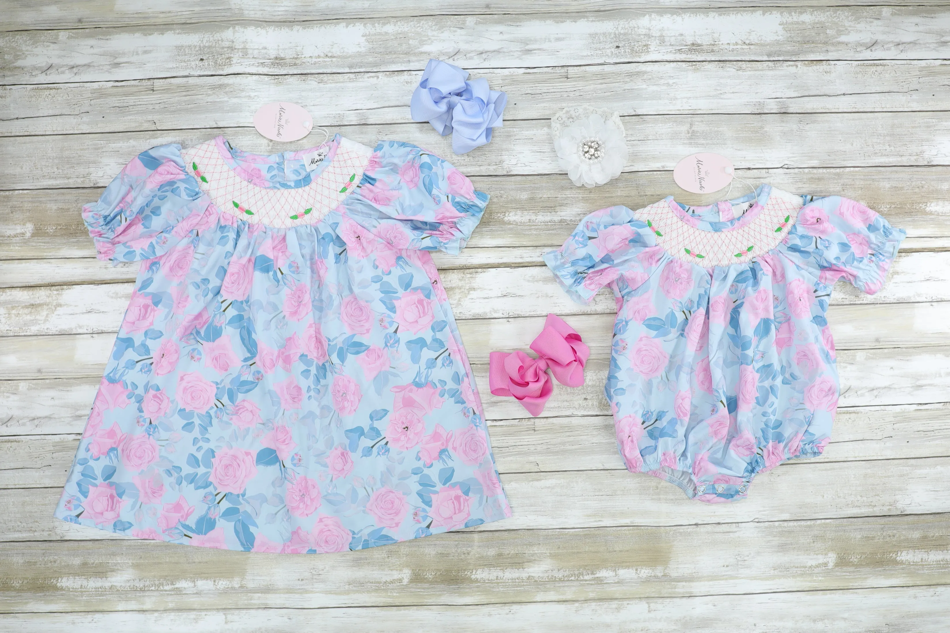 Pink & Blue Rose Smocked Bubble Romper