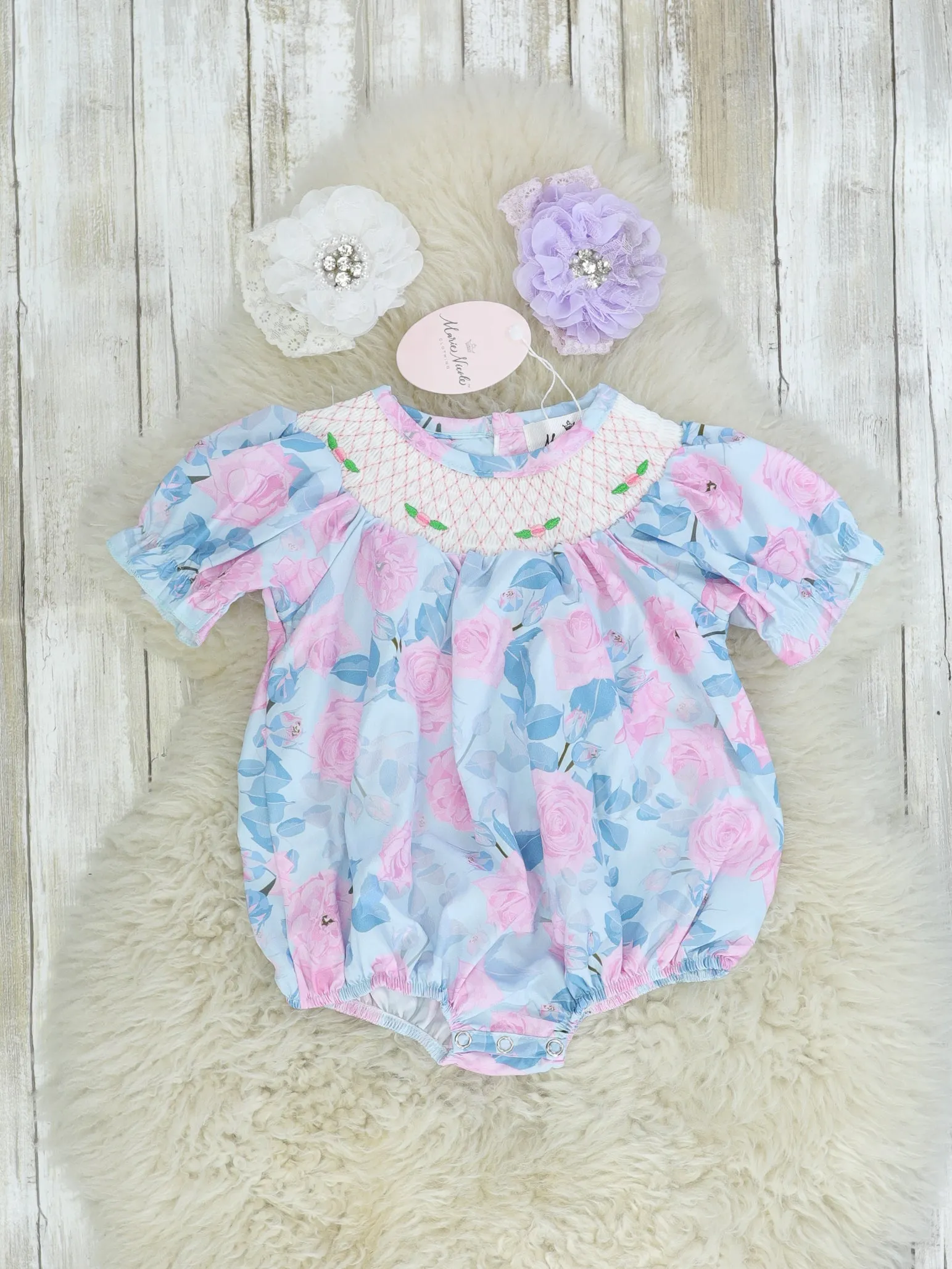 Pink & Blue Rose Smocked Bubble Romper