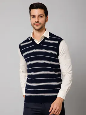 Printed Navy and Grey Sleeveless V Neck Regular Fit Reversible Casual Sweater for Men