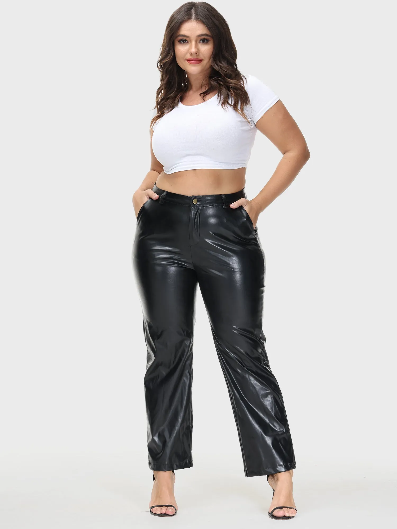 PU Leather Straight Leg Casual Pants with Pockets