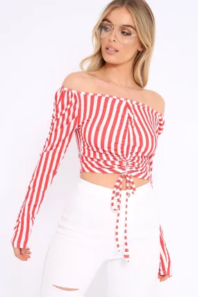 Red and White Striped Bardot Ruched Tie Top - Dakota