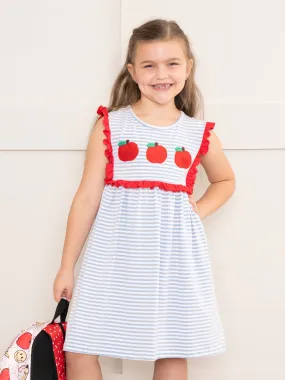 Red Apples & Blue Stripes Ruffle Dress