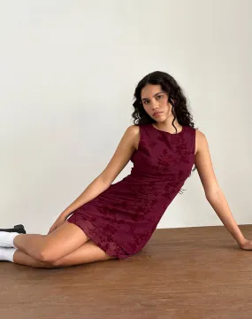 Renata Mini Dress in Flocked Botanical Flower Maroon